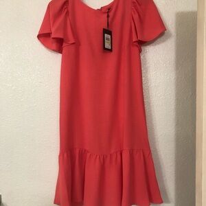 DKNY orange flutter‎ sleeve flounce hem knee loose fit feminine dress Size 4 new